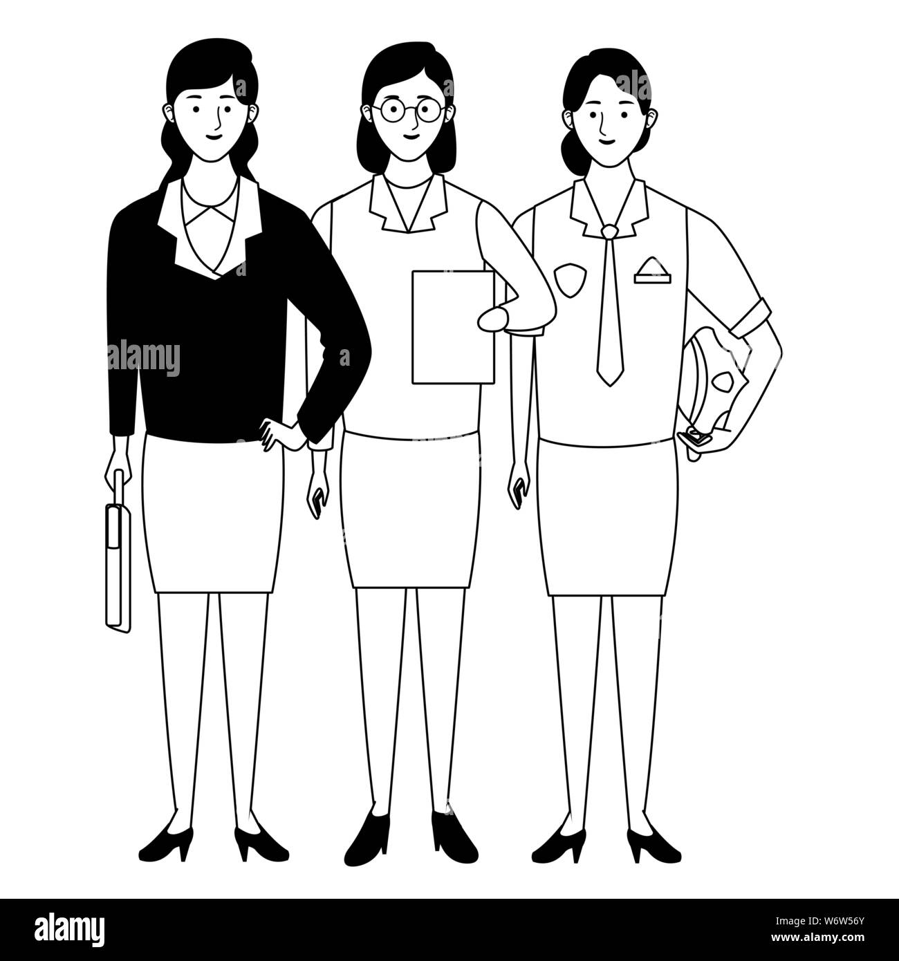 Professionals workers characters smiling cartoons in black and white ...