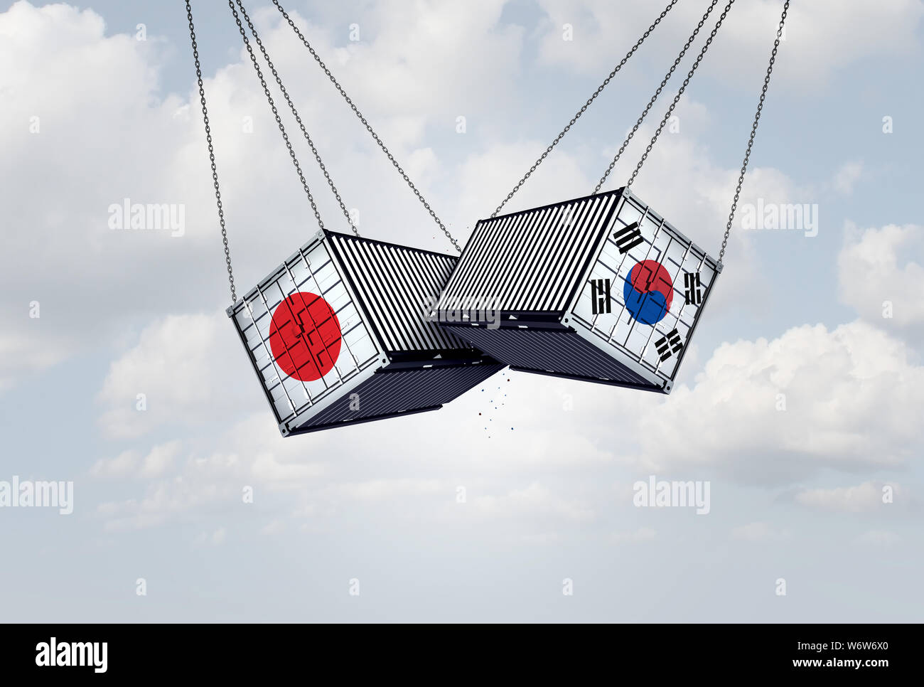 Japan South Korea trade conflict and global trade dispute as two opposing cargo freight containers in a Japanese and South Korean economic crisis. Stock Photo