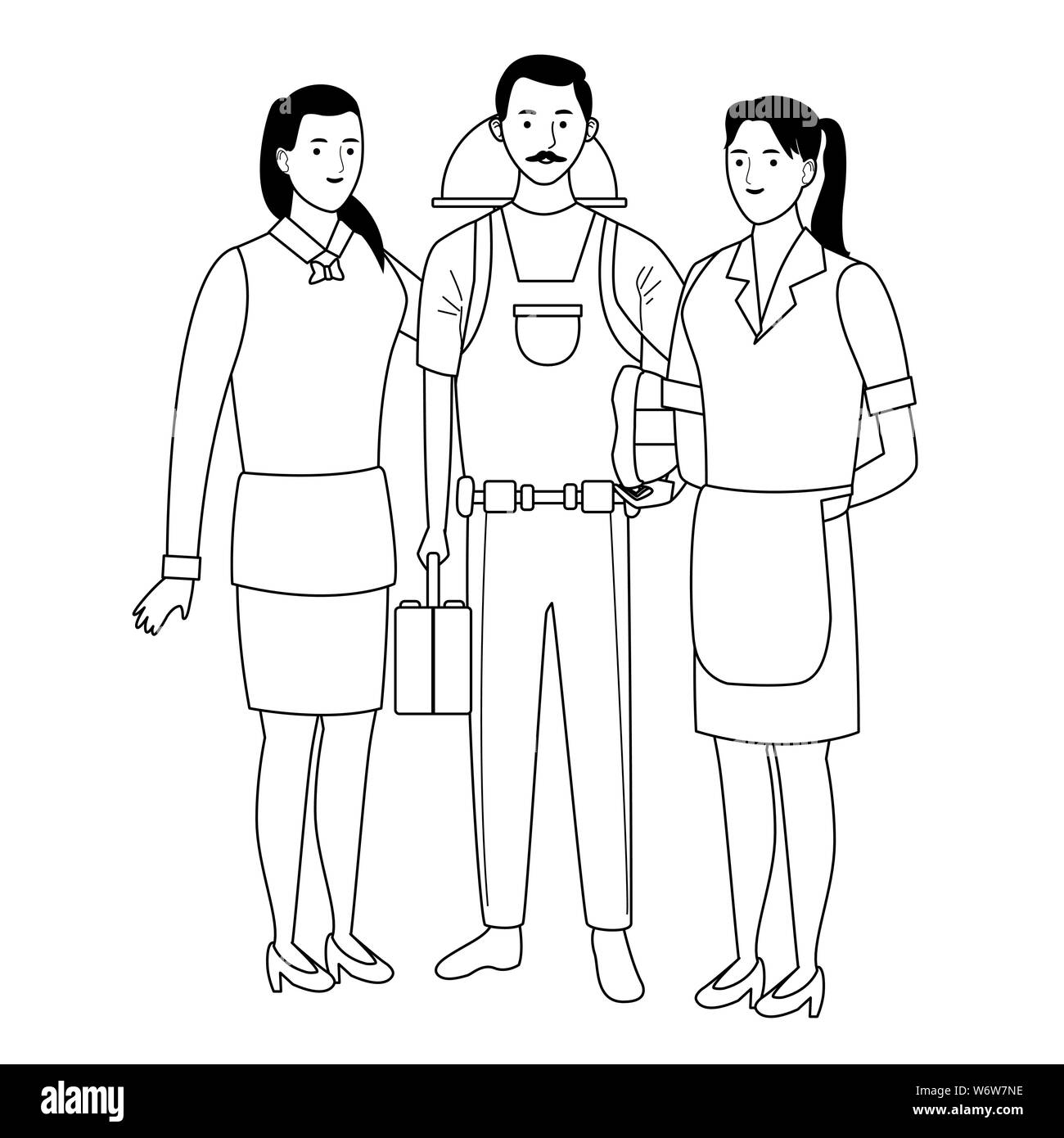 Professionals workers characters smiling cartoons in black and white ...