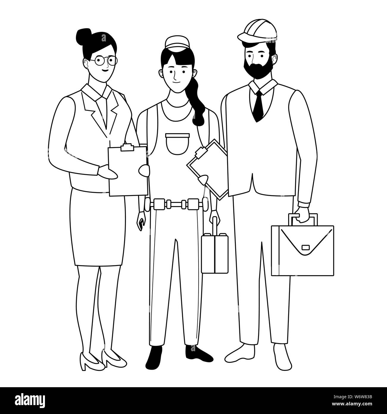 Professionals workers characters smiling cartoons in black and white ...