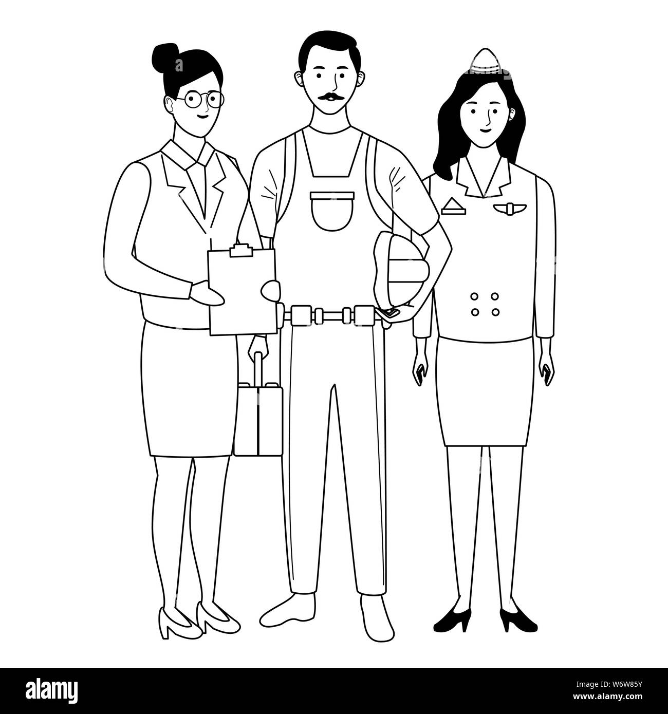 Professionals workers characters smiling cartoons in black and white ...