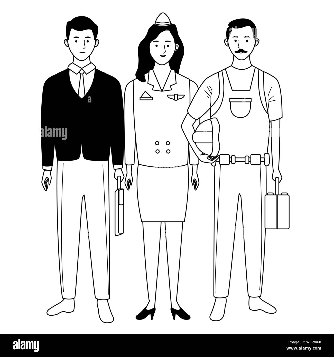 Professionals workers characters smiling cartoons in black and white ...