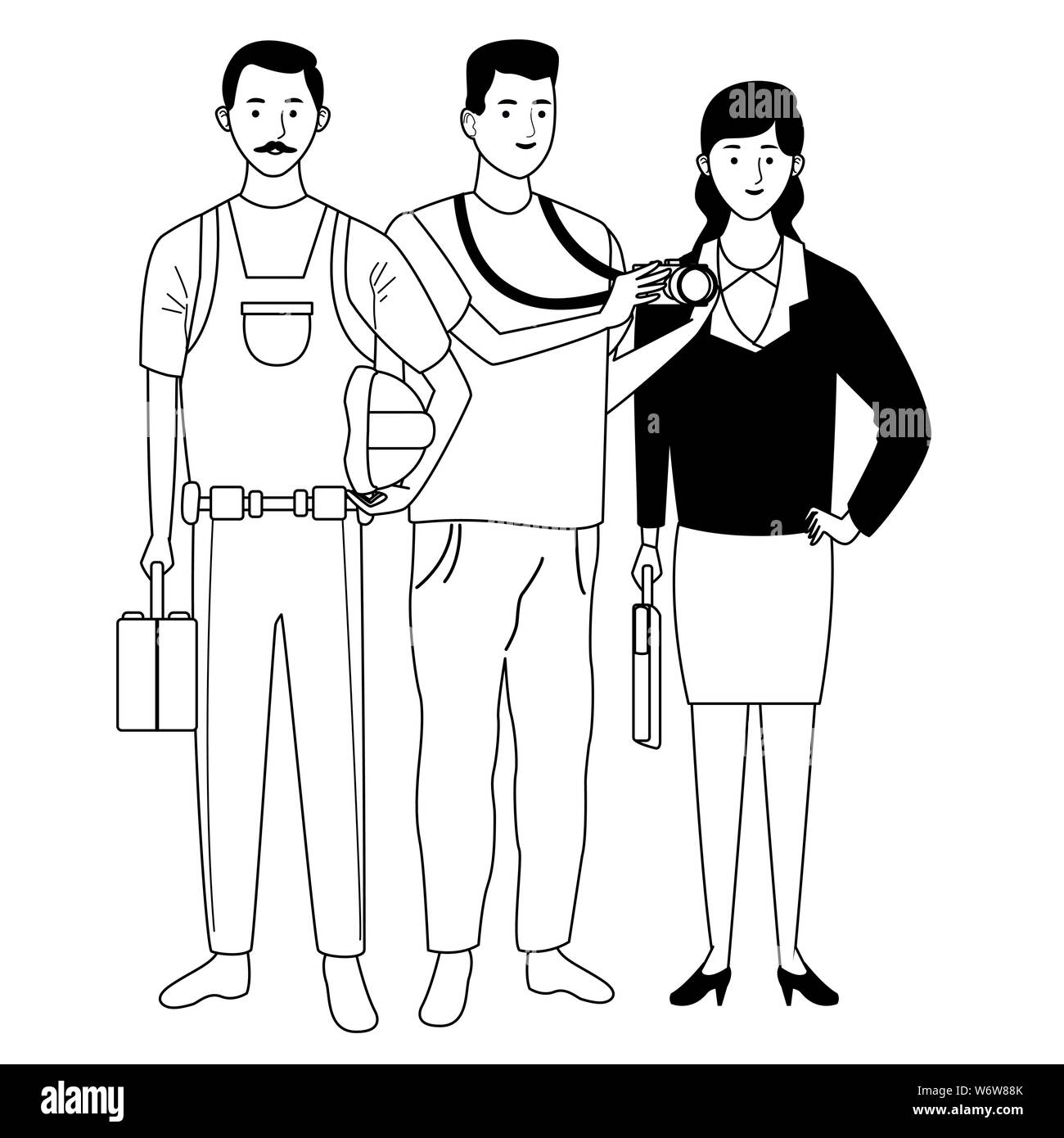 Professionals workers characters smiling cartoons in black and white ...