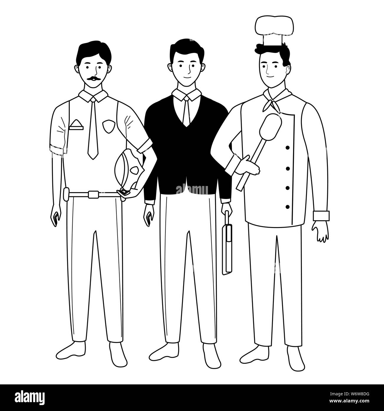 Professionals workers characters smiling cartoons in black and white ...