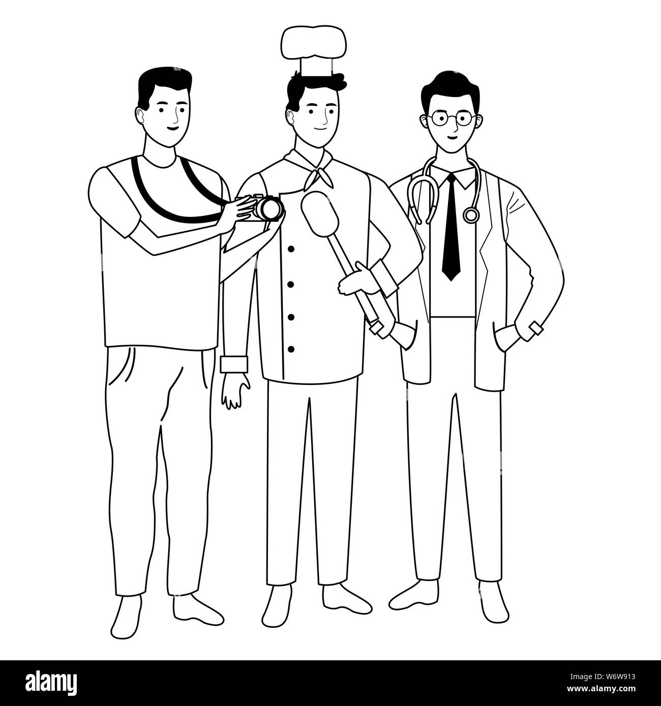 Professionals workers characters smiling cartoons in black and white ...