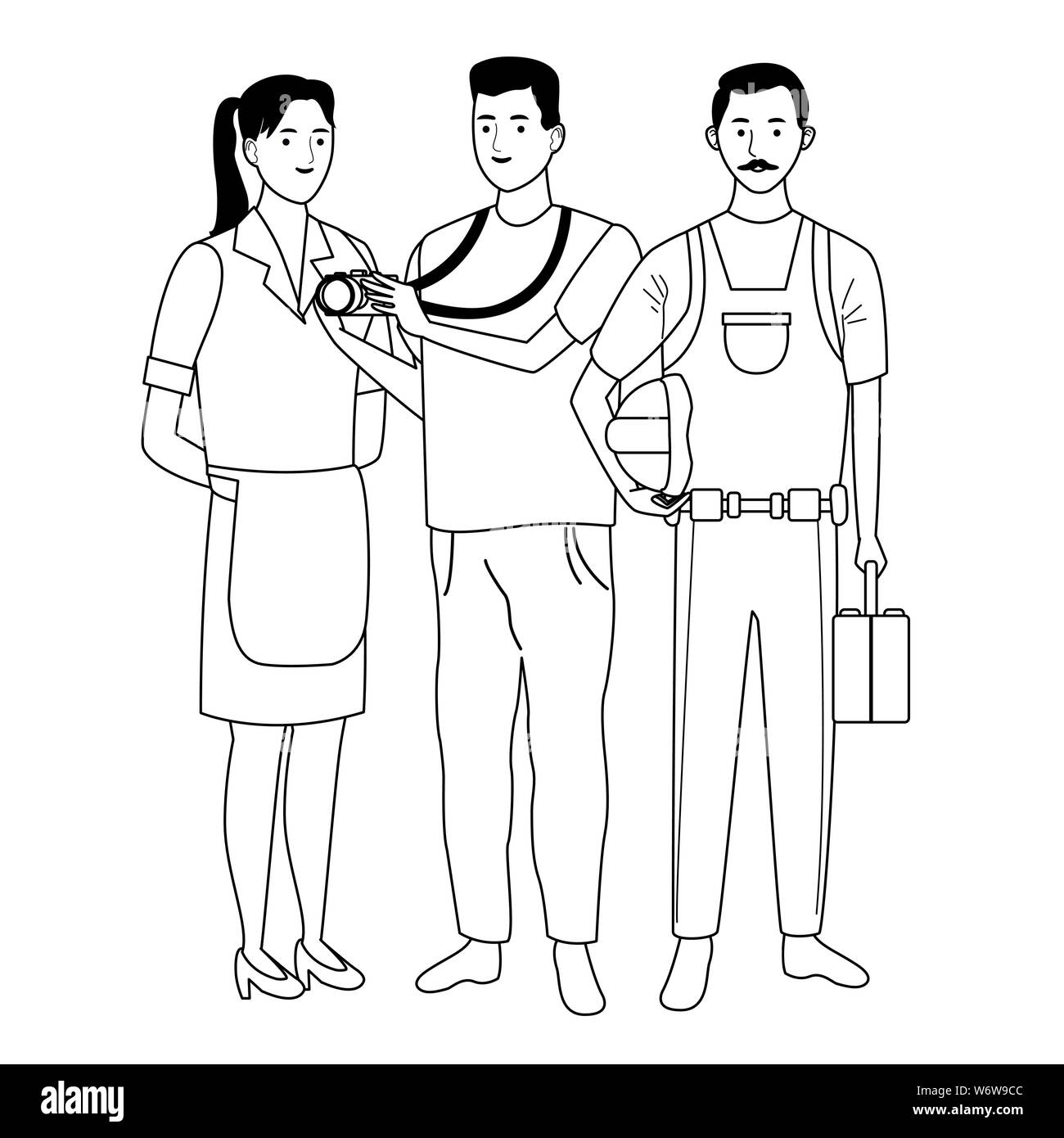 Professionals workers characters smiling cartoons in black and white ...