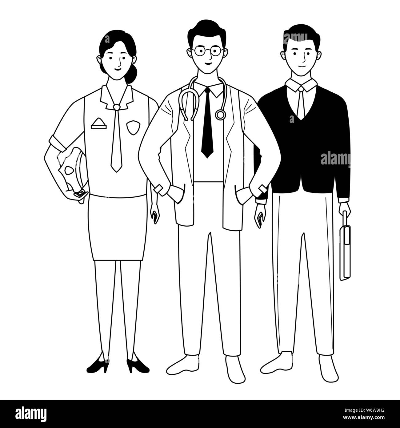 Professionals workers characters smiling cartoons in black and white ...