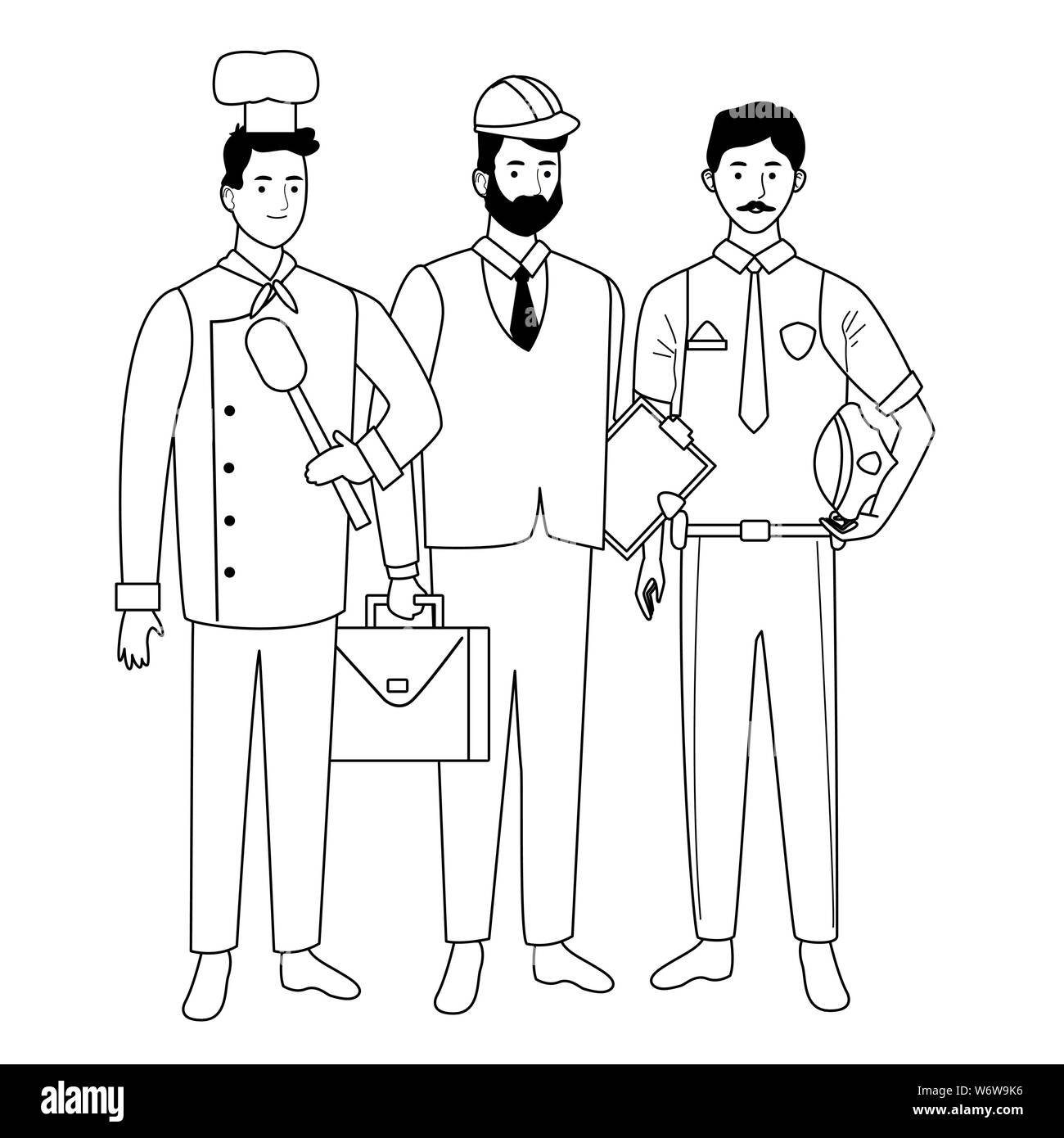 Professionals workers characters smiling cartoons in black and white ...