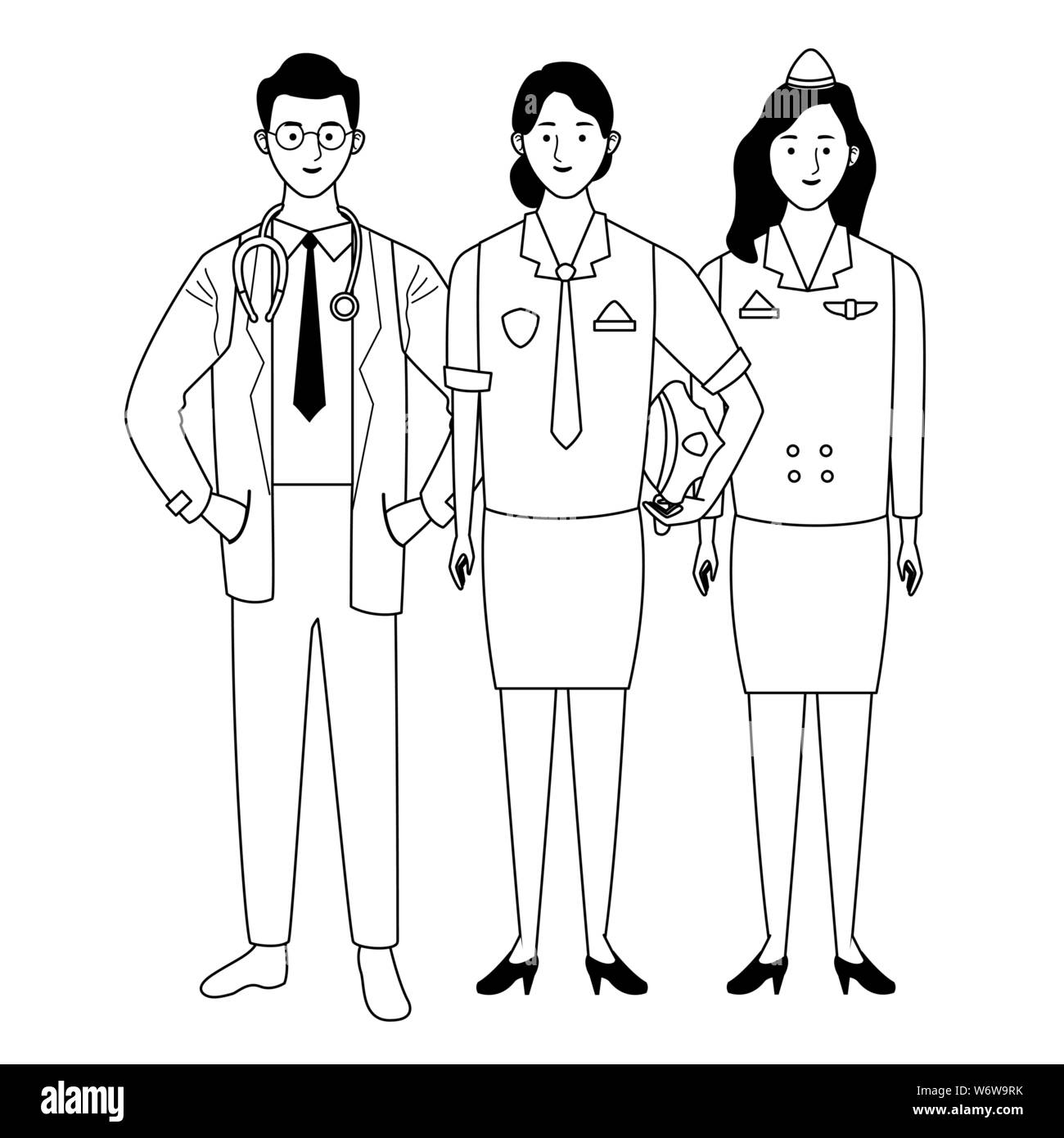 Professionals workers characters smiling cartoons in black and white ...