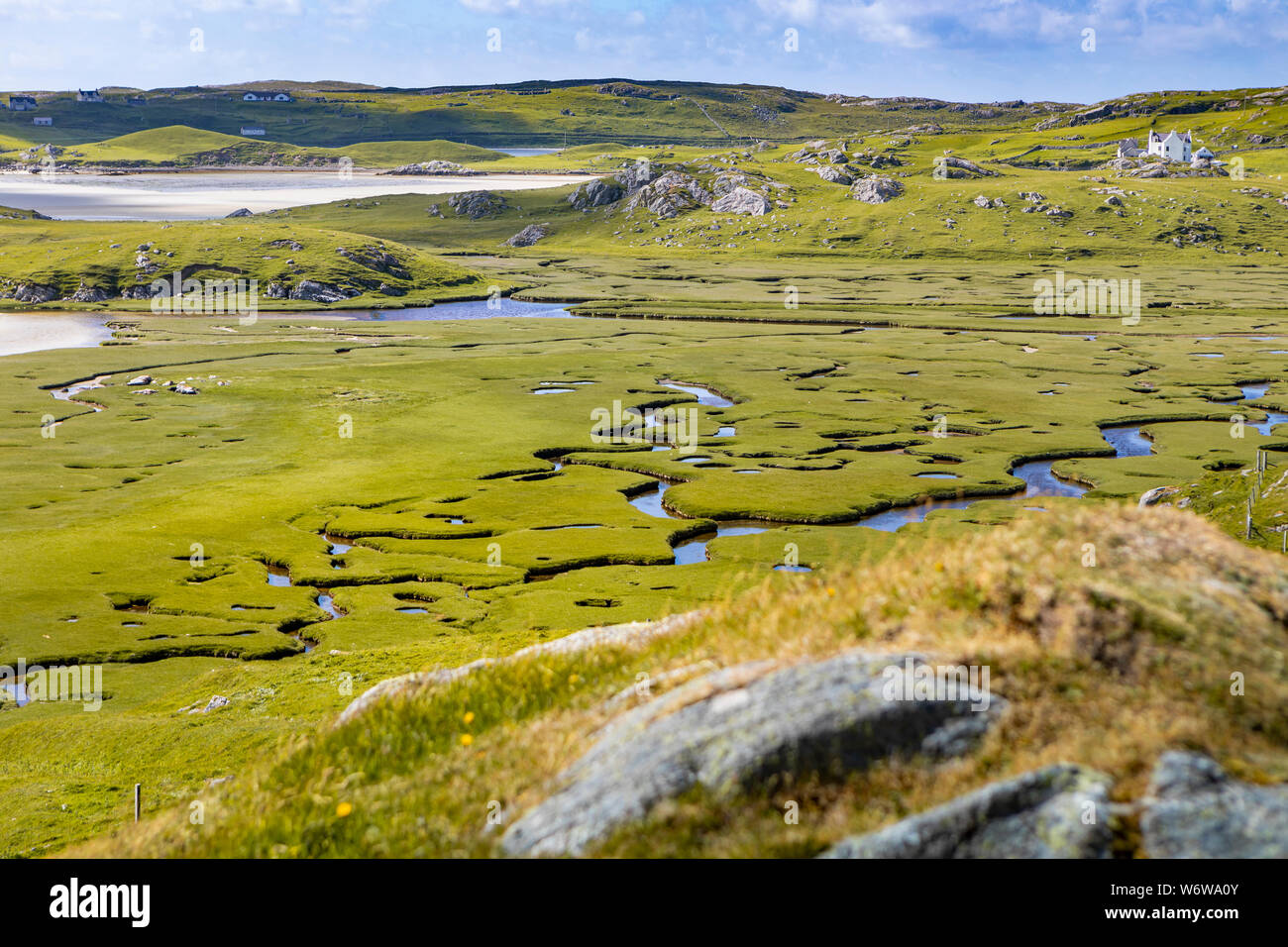 aerial view with an meander river on bay of Uig, isle of lewis, outer