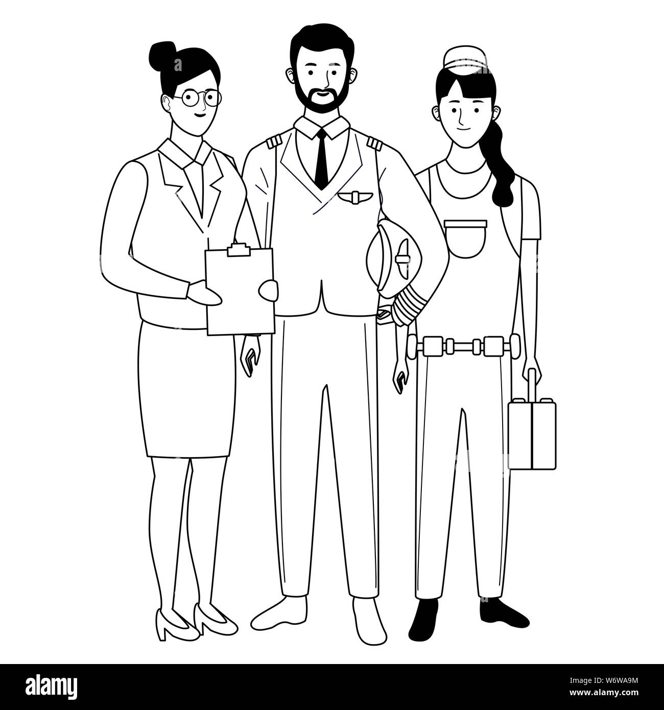 Professionals workers characters smiling cartoons in black and white ...