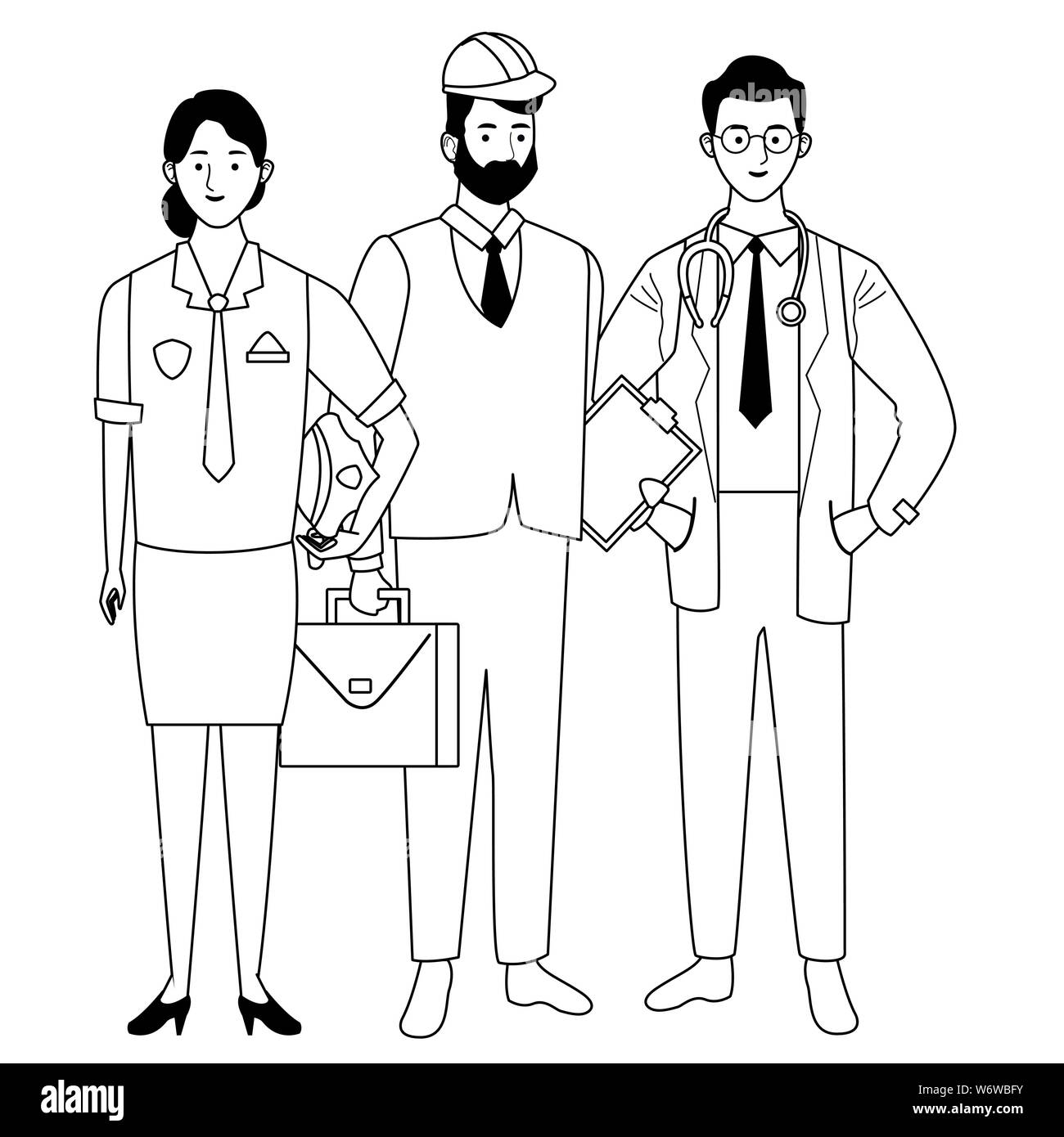 Professionals workers characters smiling cartoons in black and white ...