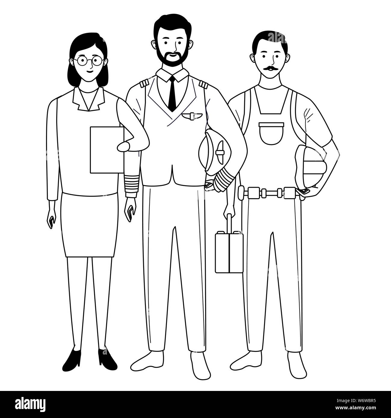 Professionals workers characters smiling cartoons in black and white ...