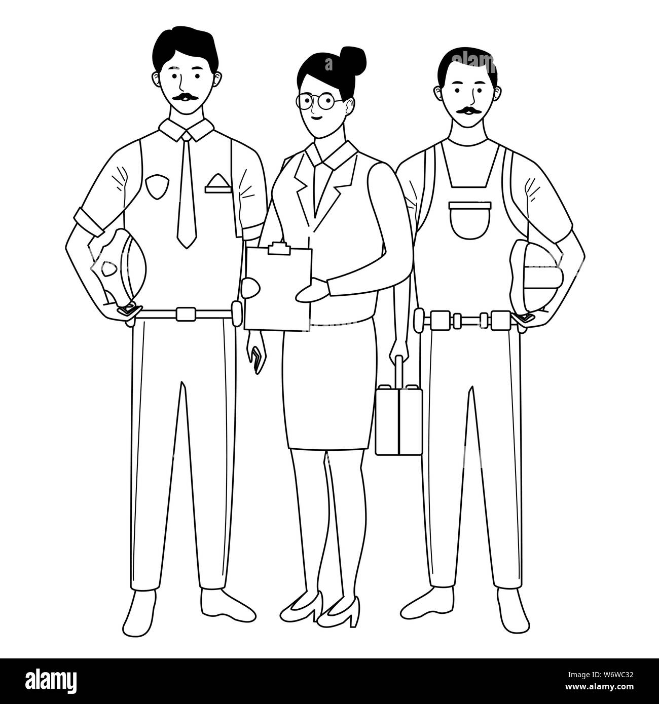 Professionals workers characters smiling cartoons in black and white ...