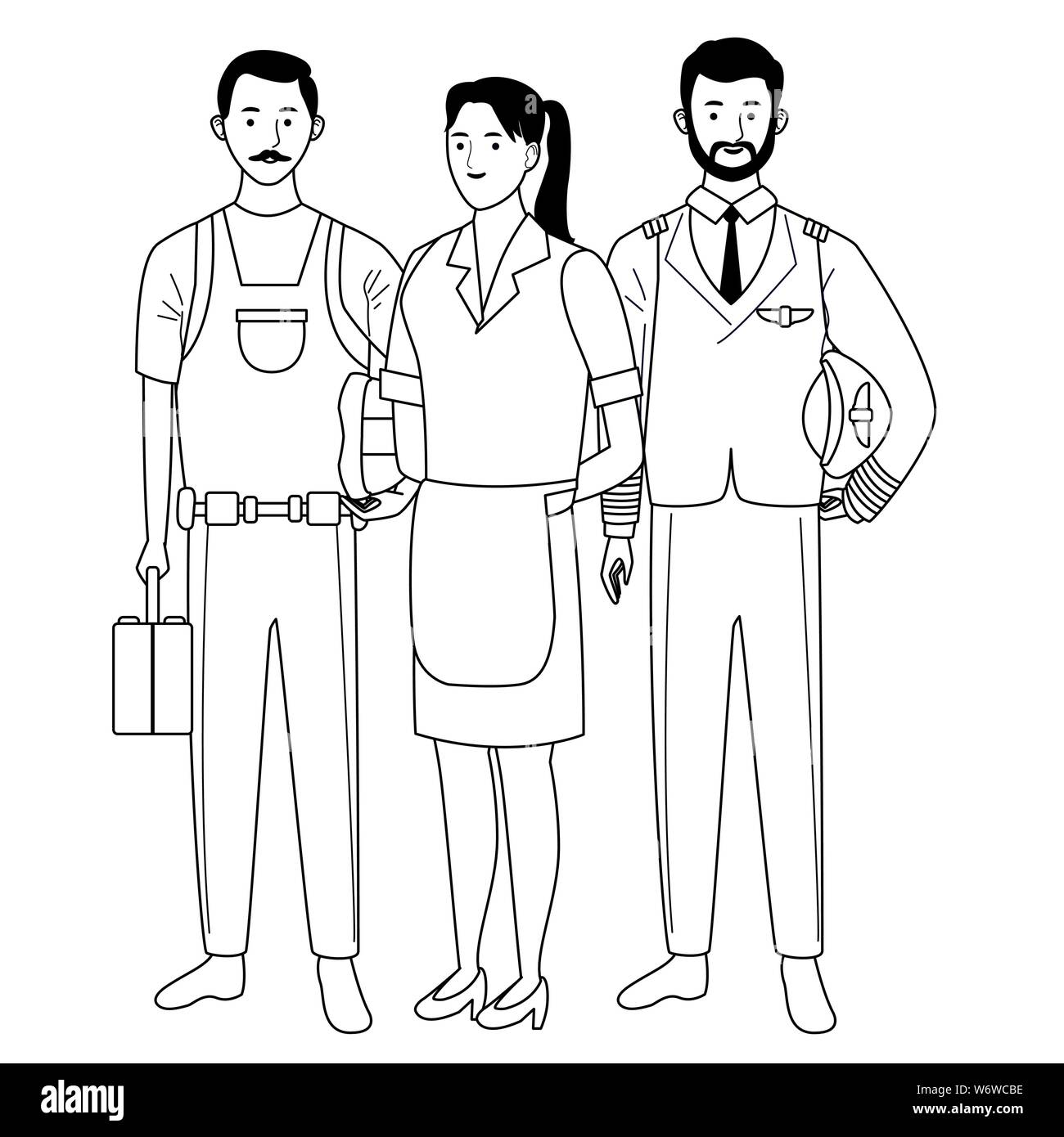Professionals workers characters smiling cartoons in black and white ...