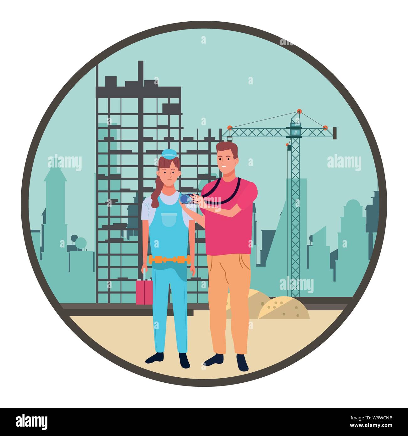 Professionals workers couple smiling cartoons Stock Vector