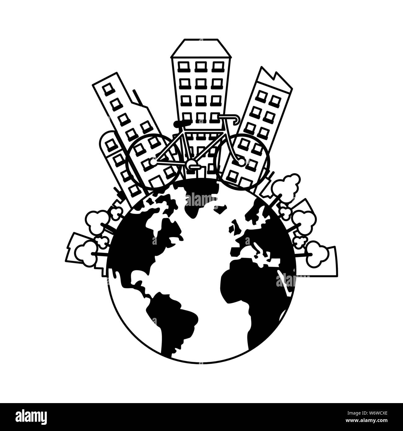 world saving ecology green cartoon in black and white Stock Vector ...
