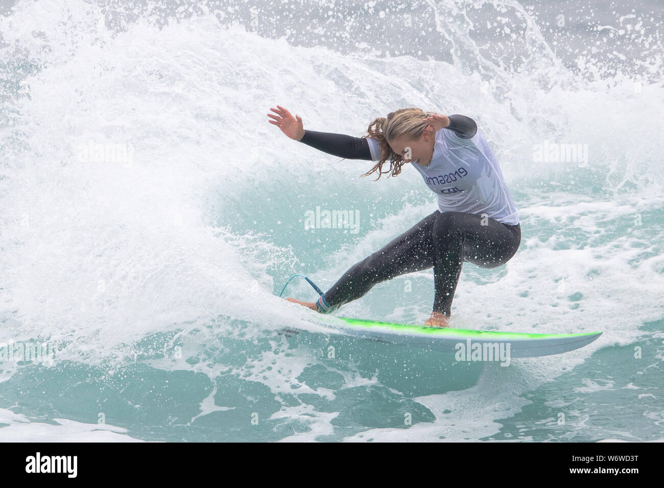 Punta Rocas, Peru. 01st Aug, 2019. Isabella Gomez of Columbia performs in the Women's Surf Open repechaje during the Pan American Games Surfing Preliminary Rounds at Punta Rocas, Peru. Daniel Lea/CSM Credit: Cal Sport Media/Alamy Live News Stock Photo