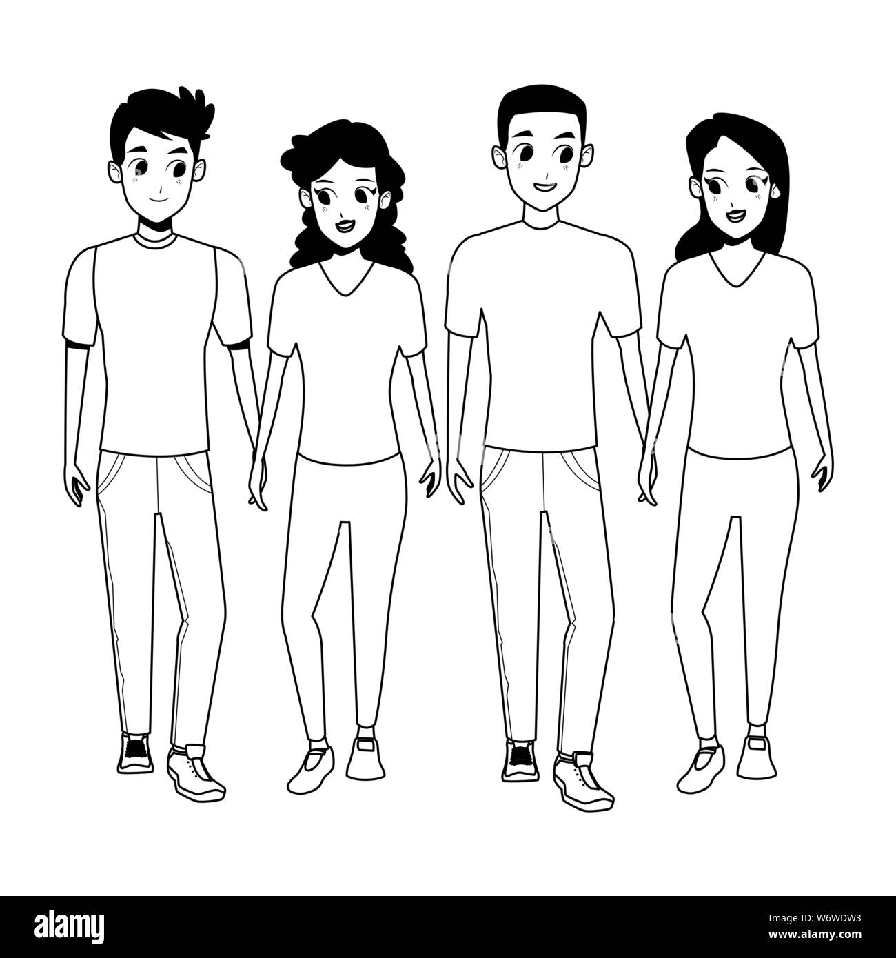Young friends smiling with casual clothes cartoons in black and white Stock Vector