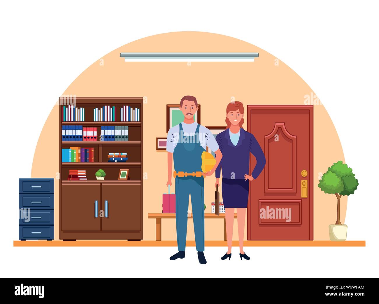 Professionals workers couple smiling cartoons Stock Vector