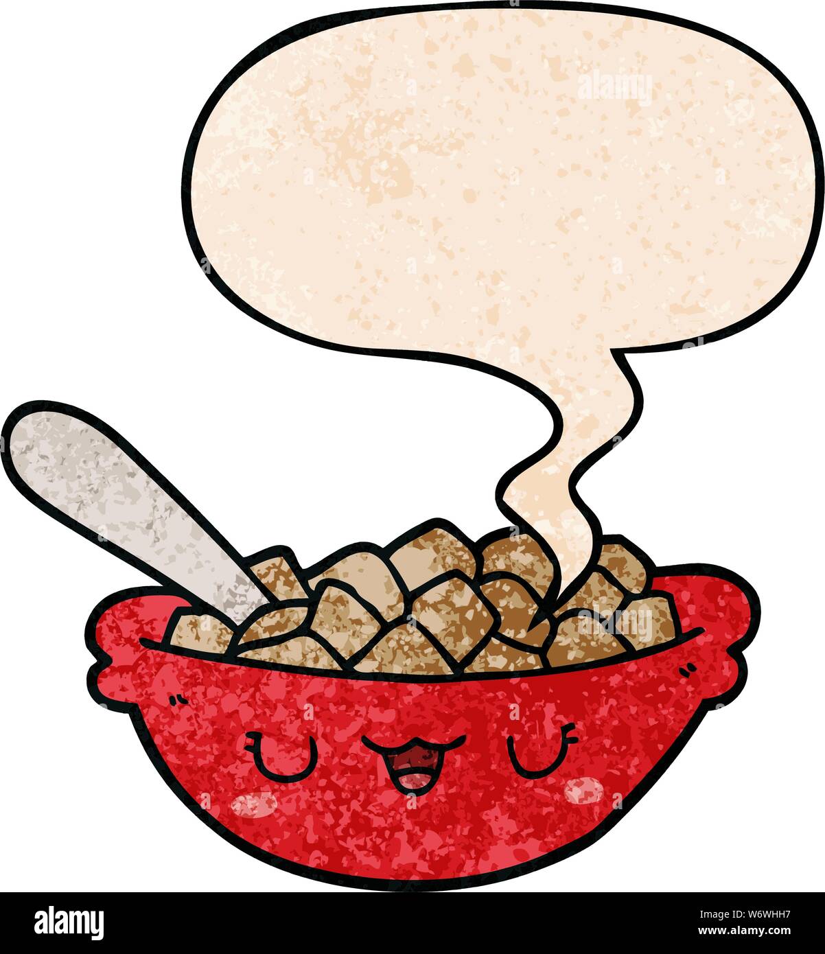 cute cartoon bowl of cereal with speech bubble in retro texture style ...