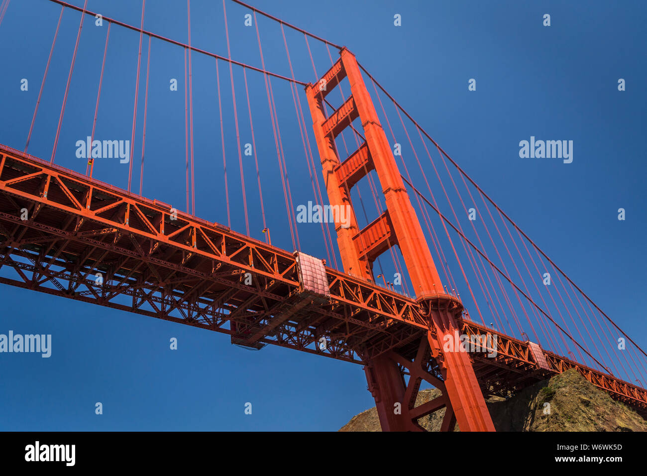 The Golden Gate Bridge viewed from below, looking toward the Marin, north, side. Stock Photo