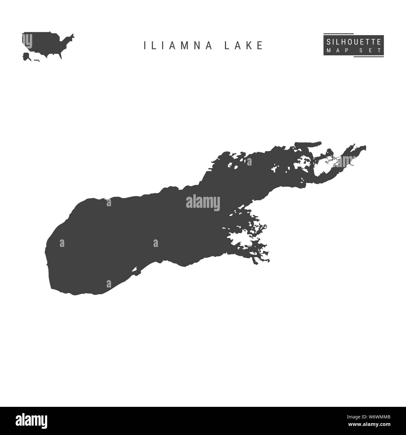 Iliamna Lake Blank Map Isolated on White Background. High-Detailed Black Silhouette Map of Iliamna Lake. Stock Photo