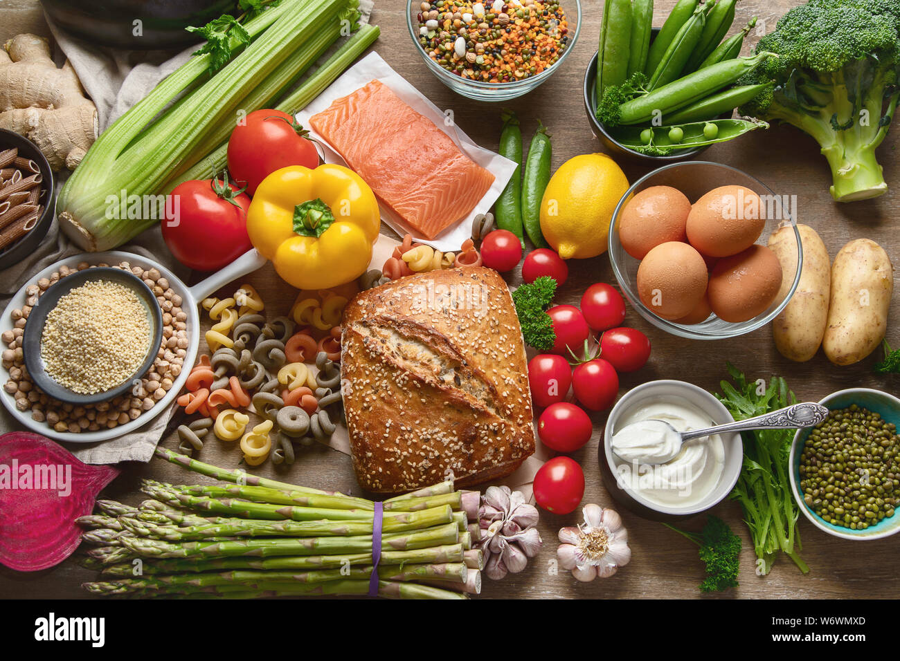 Healthy food. Balanced food cooking ingredients. Clean diet eating. Top view Stock Photo
