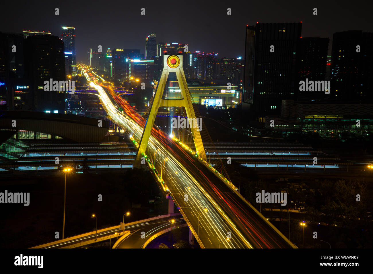 Slow shutter capturing traffic in another Chengdu's night Stock Photo