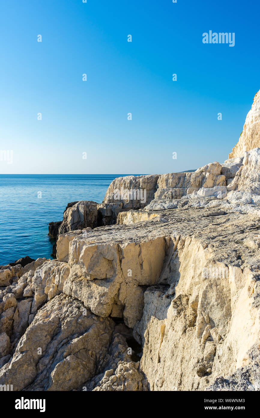 Greece, Zakynthos, White rock formations of cape plakaki landscape ...