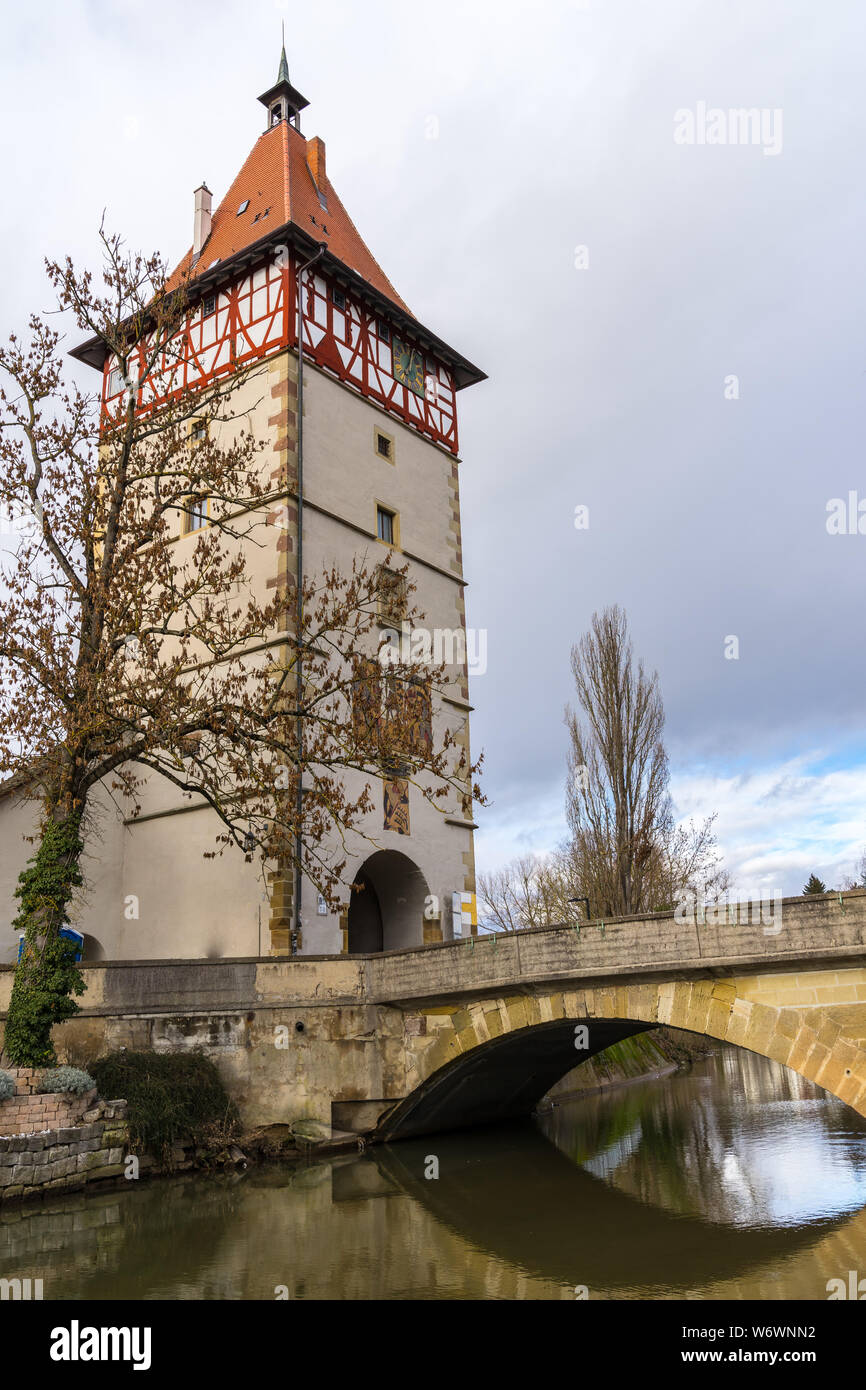 Germany, Ancient city gate and bridge over river water of waiblingen Stock Photo