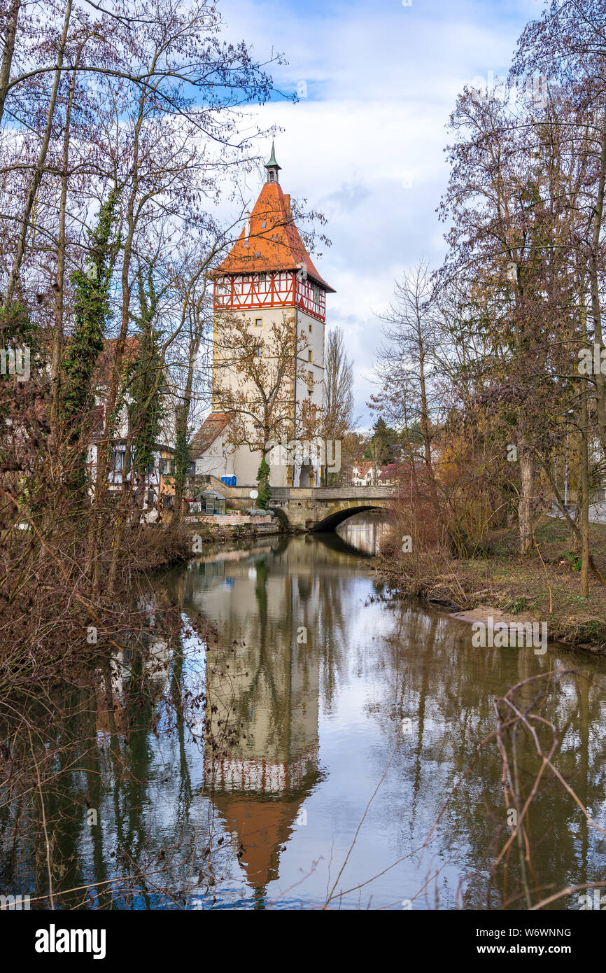 Germany, Historic city gate of waiblingen reflecting in water Stock Photo