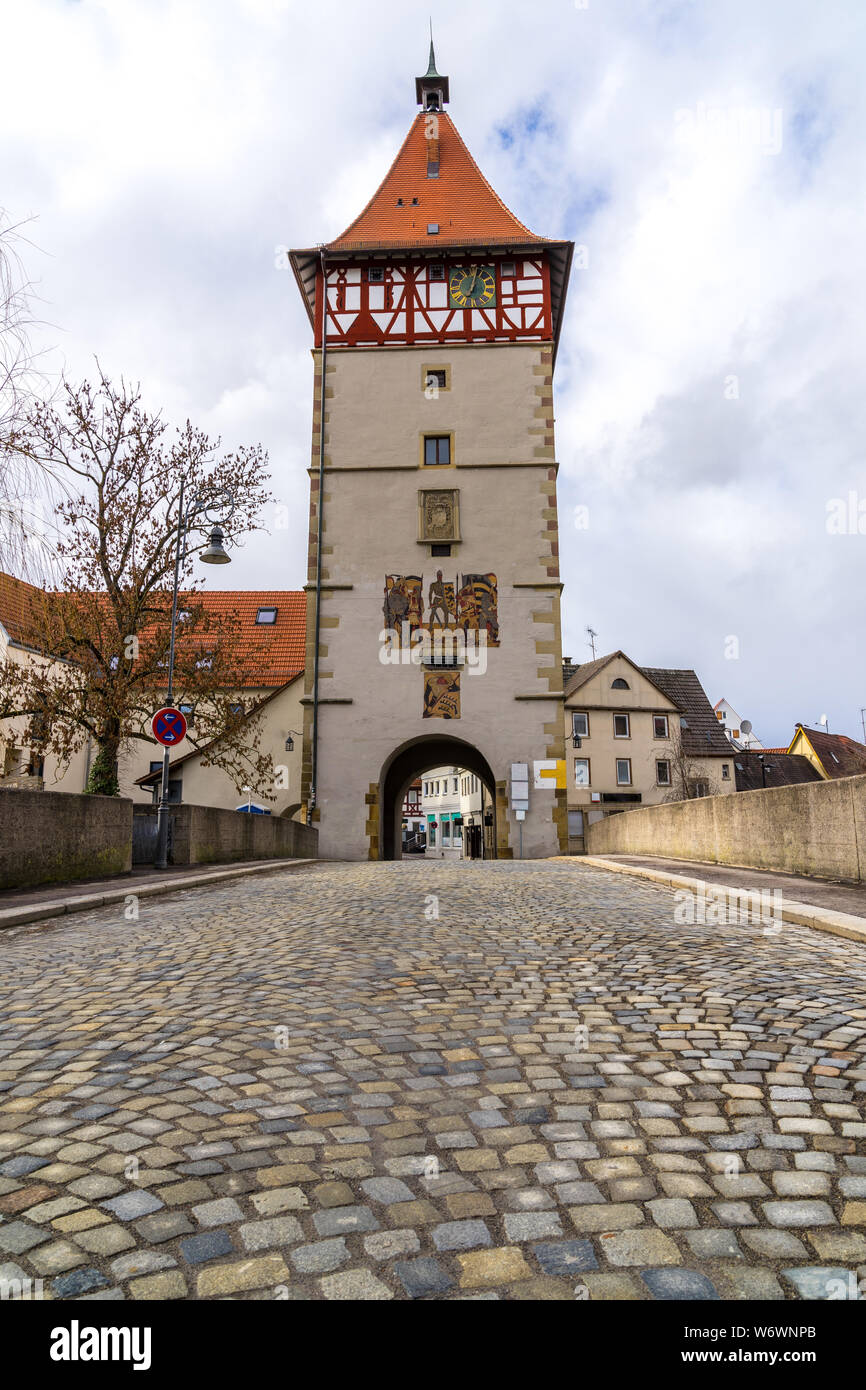 Germany, Road through ancient town gate of waiblingen city Stock Photo