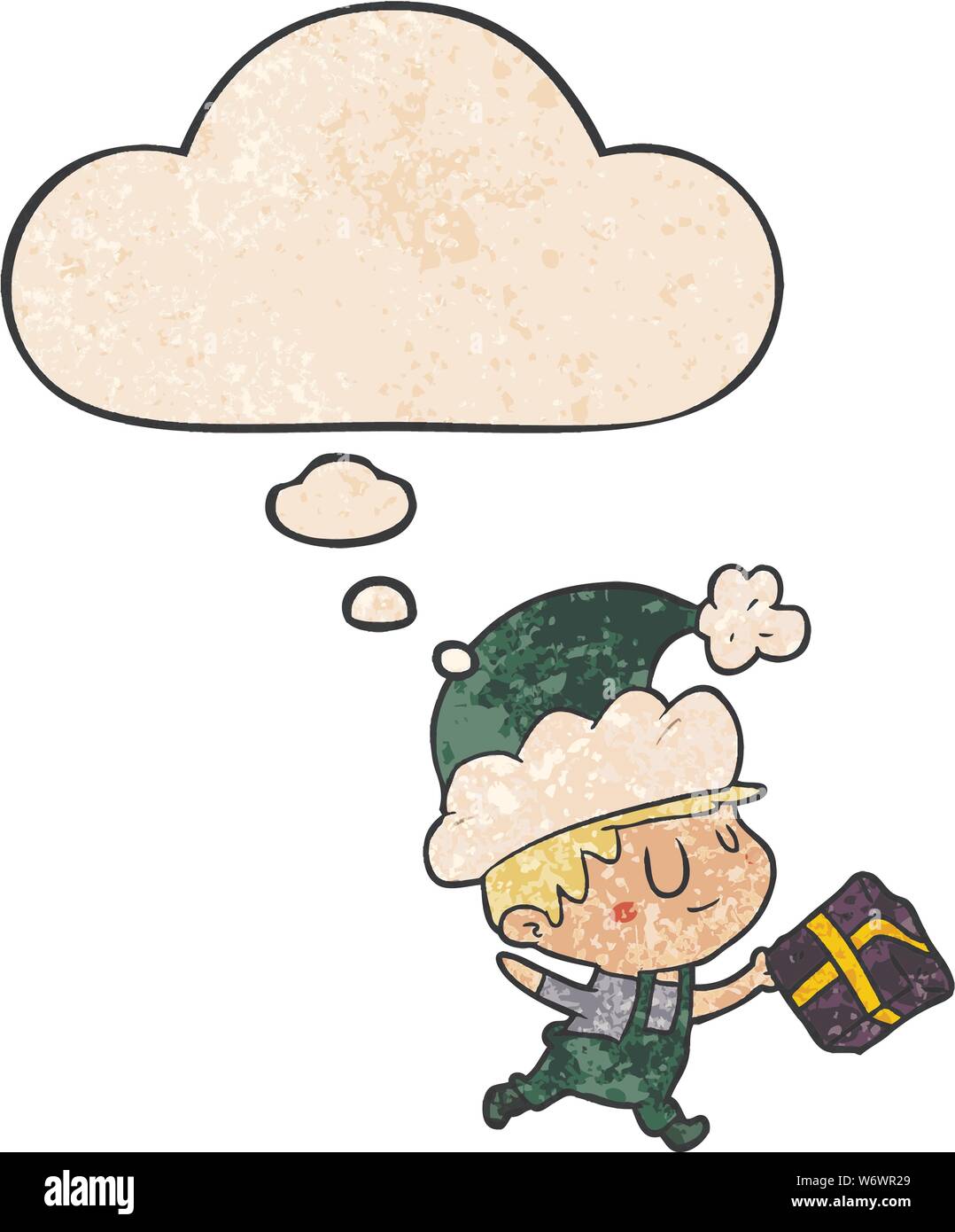 Elf Thinking cartoon happy christmas elf with thought bubble in grunge texture style ...