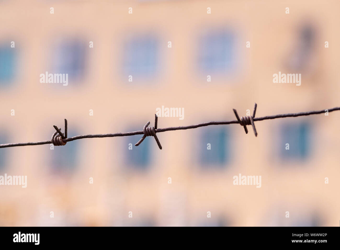 Barbed wire on country border. Barbwire on fence for prohibition of