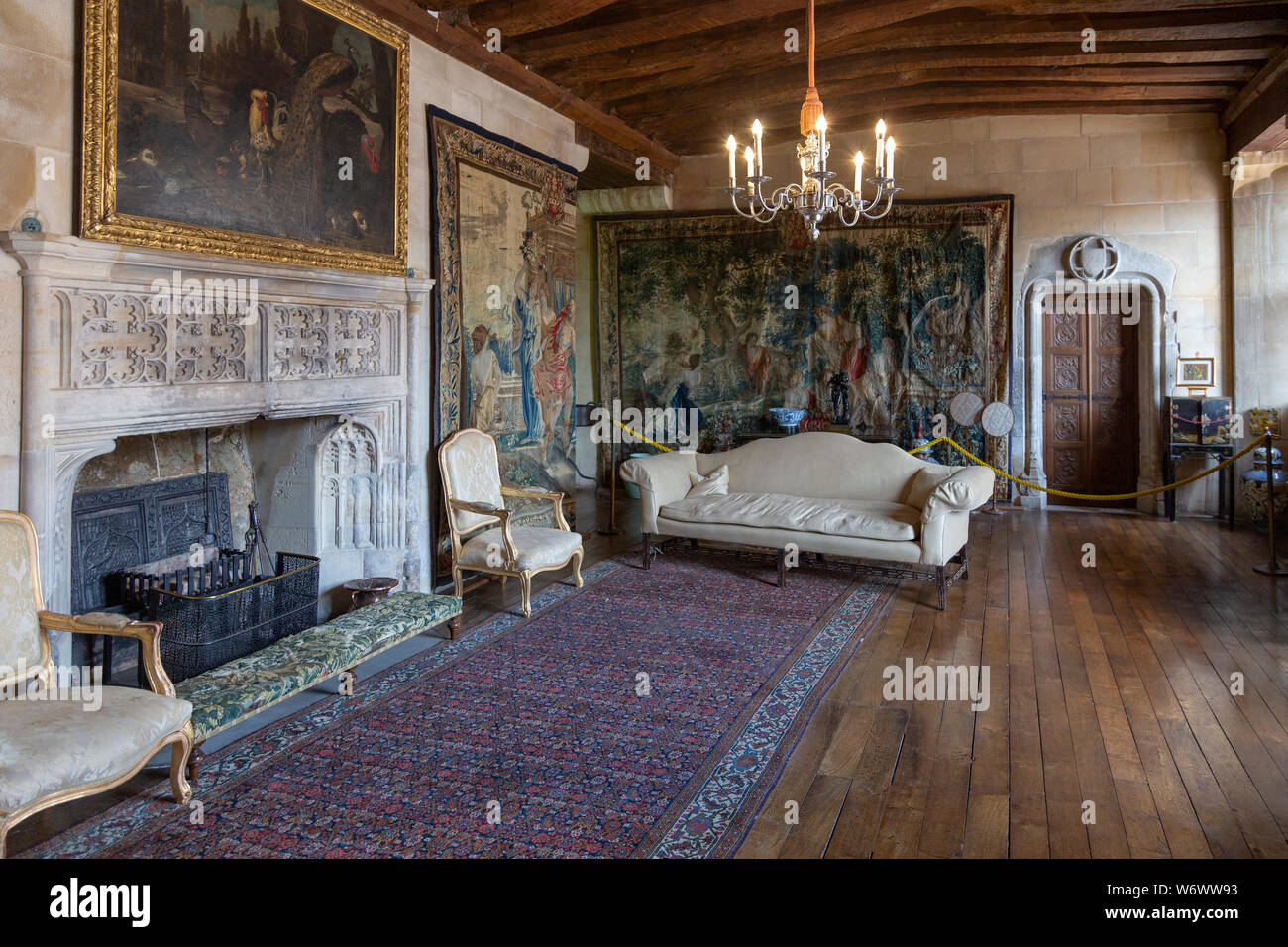 Furniture and wall tapestries drawing room inside Berkeley castle