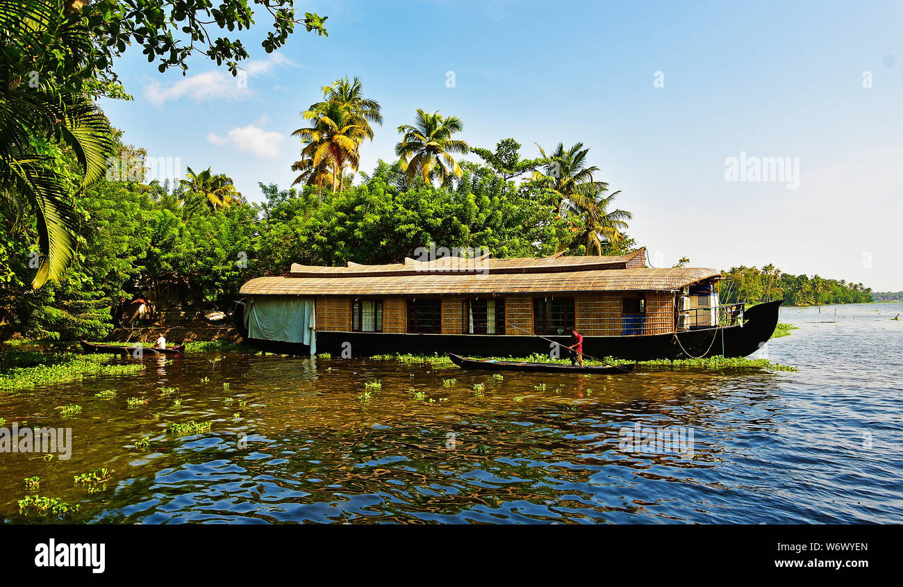 Vembanad Lake and Houseboat, Backwaters, Alleppey, Kerala, India Stock Photo