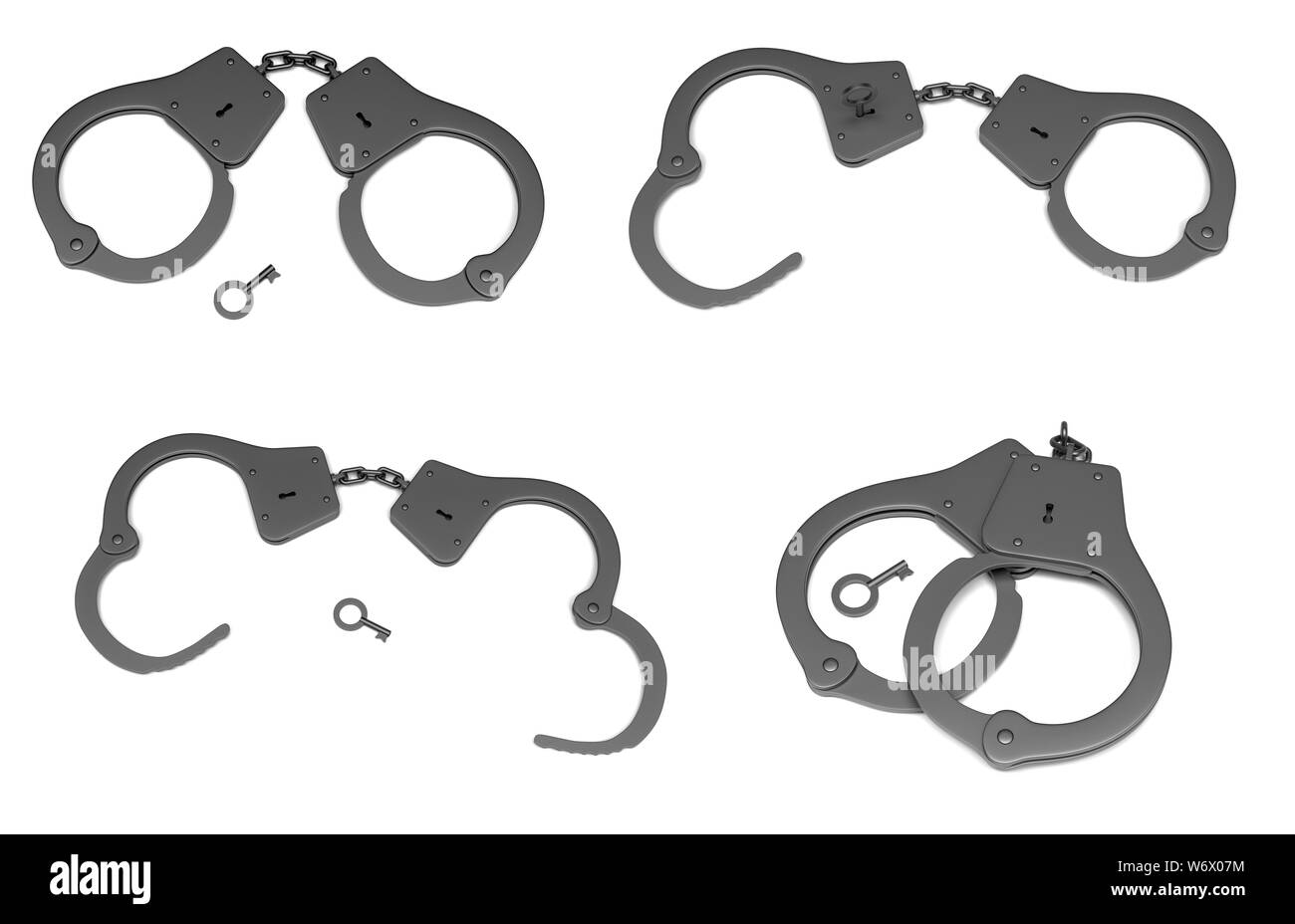 Police handcuffs with a key. Open and closed. 3d rendering illustration