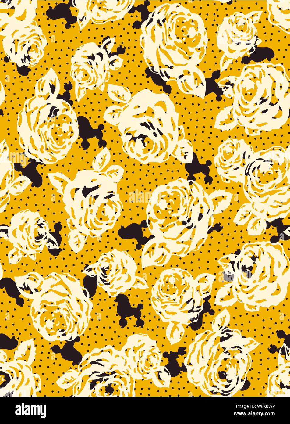 Flowers and dogs pattern. Seamless vector background. Stock Vector