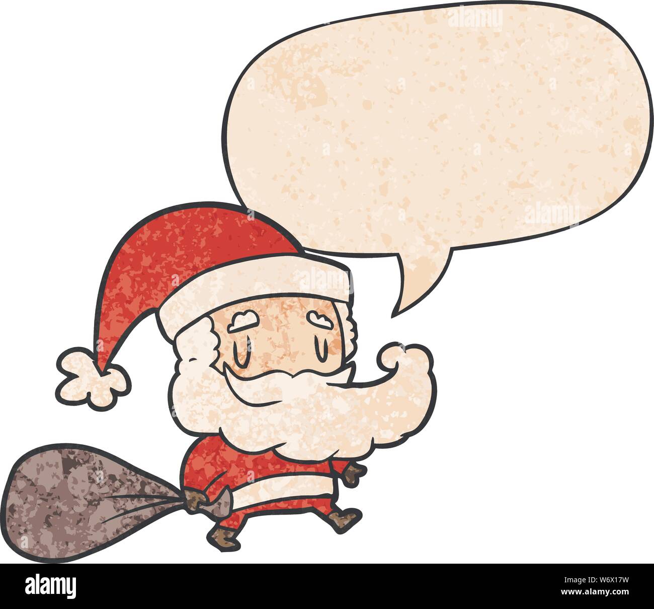 cartoon santa claus carrying sack of presents with speech bubble in ...