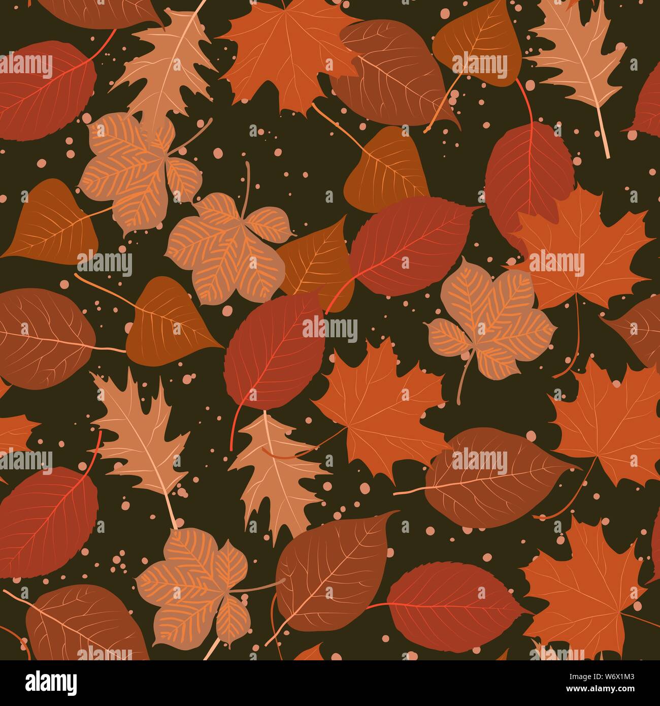 Vector seamless pattern with autumn leaves in red colors . Autumn leaves of maple, chestnut, aspen, birch, poplar. Background for autumn decoration an Stock Vector