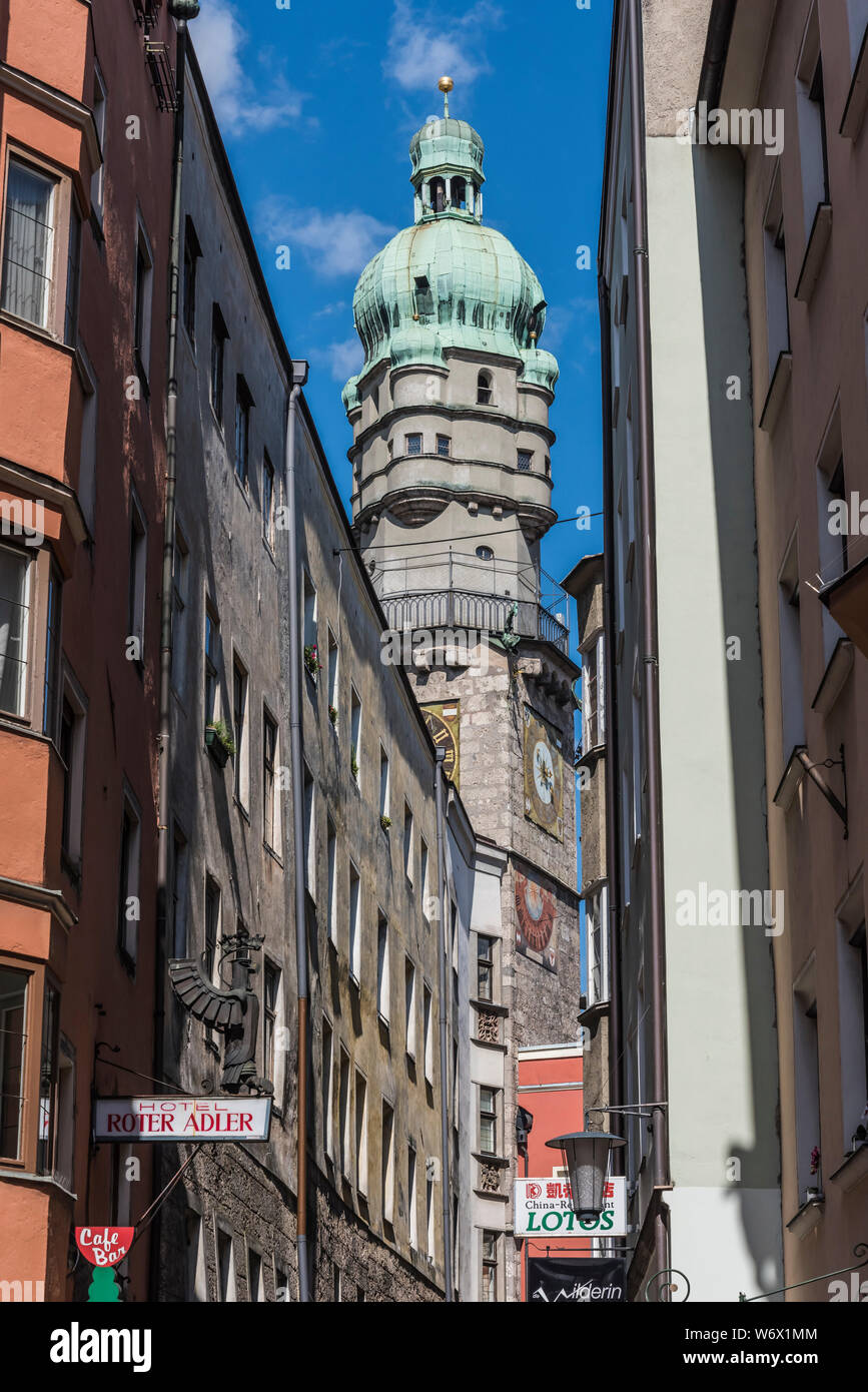 Street scenes in the Alte Stadt part of the old city of Innsbruck, looking towards the Alte Stadt tower Stock Photo