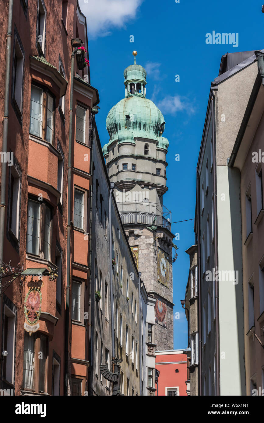 Street scenes in the Alte Stadt part of the old city of Innsbruck, looking towards the Alte Stadt tower Stock Photo