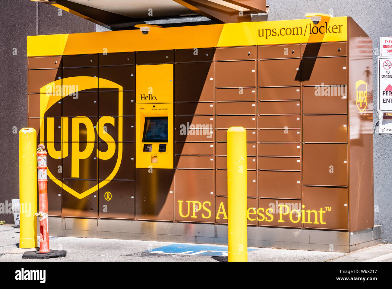 July 30, 2019 Menlo park / CA / USA - UPS locker available 24 hours for package pick-up in San Francisco bay area; UPS has expanded the number of lock Stock Photo