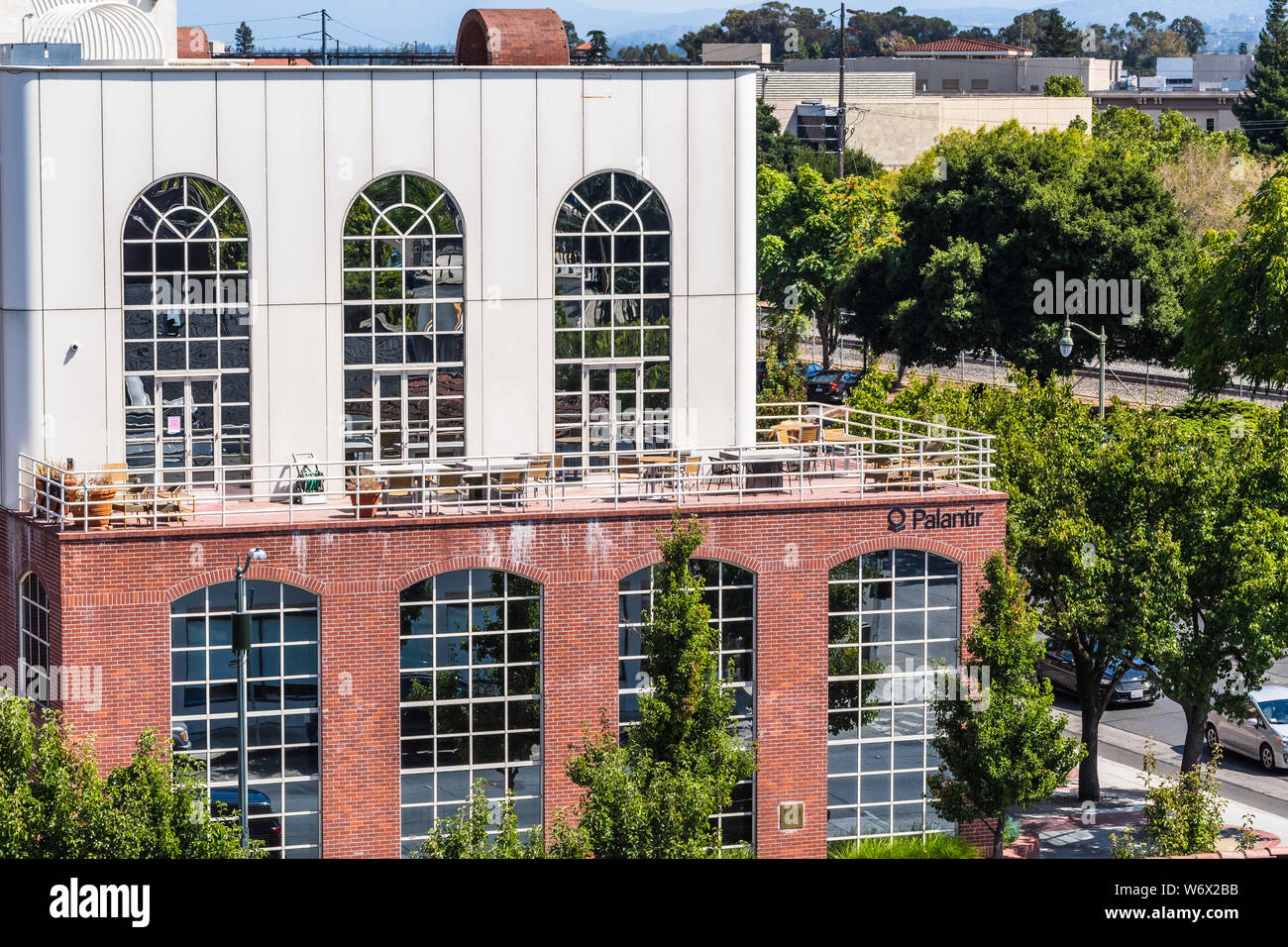 July 30, 2019 Palo Alto / CA / USA - Palantir headquarters in Silicon Valley; Palantir Technologies is a private American software company that specia Stock Photo