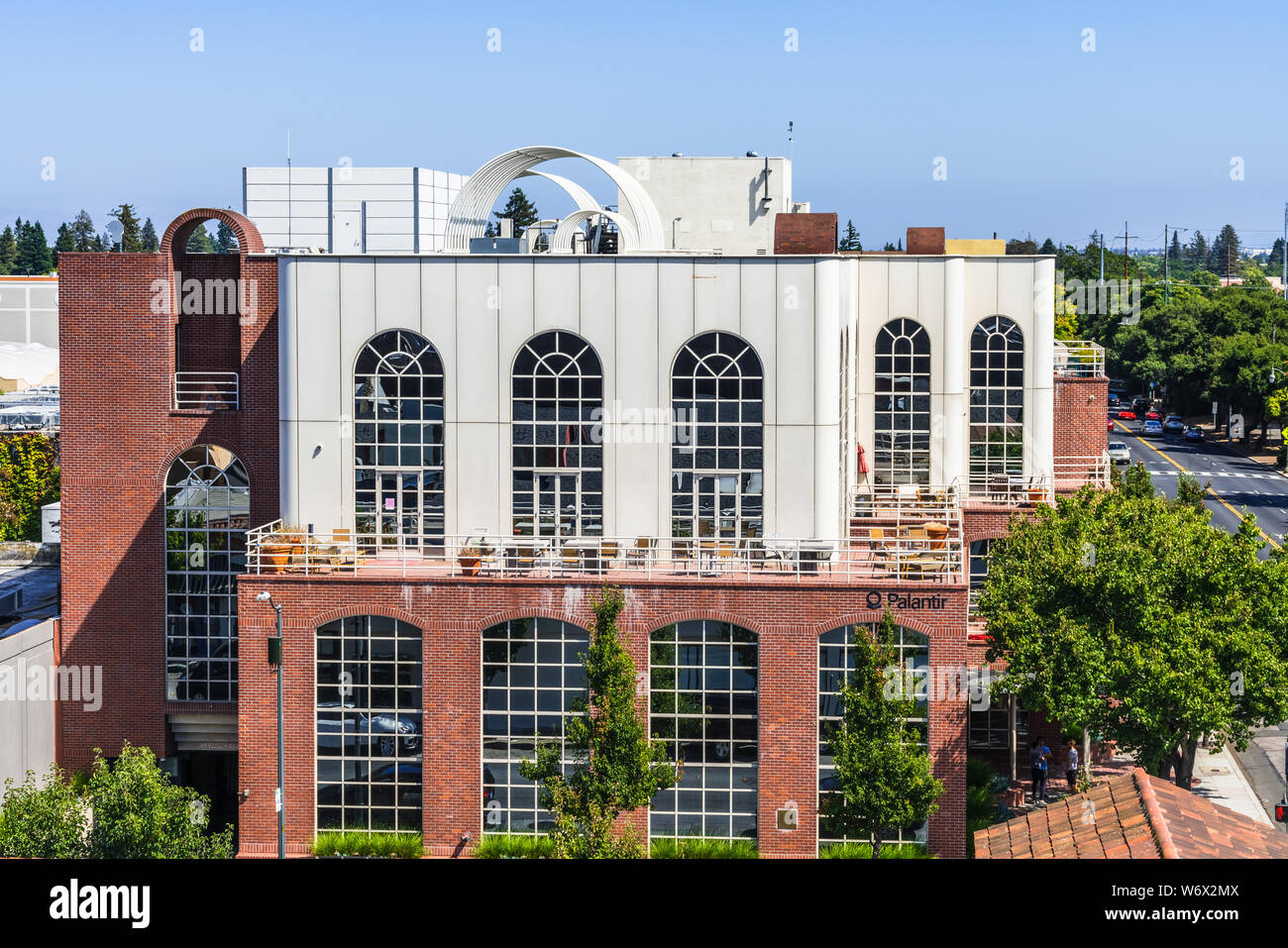 July 30, 2019 Palo Alto / CA / USA - Palantir headquarters in Silicon Valley; Palantir Technologies is a private American software company that specia Stock Photo