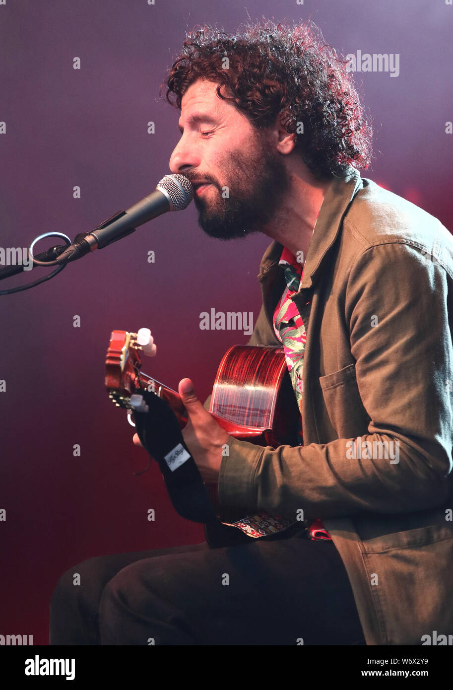 Cambridge, UK. 02nd Aug, 2019. Argentinian-Swedish indie folk singer songwriter and guitarist Jose Gonzales performs on Day One of the World renowned Cambridge Folk Festival at Cherry Hinton Hall, Cambridge. Credit: SOPA Images Limited/Alamy Live News Stock Photo