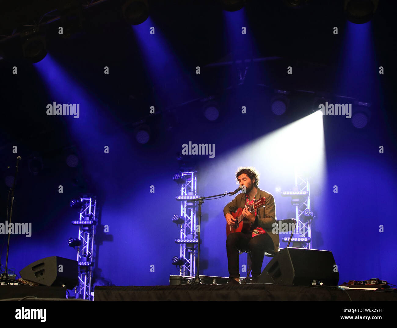 Cambridge, UK. 02nd Aug, 2019. Argentinian-Swedish indie folk singer songwriter and guitarist Jose Gonzales performs on Day One of the World renowned Cambridge Folk Festival at Cherry Hinton Hall, Cambridge. Credit: SOPA Images Limited/Alamy Live News Stock Photo