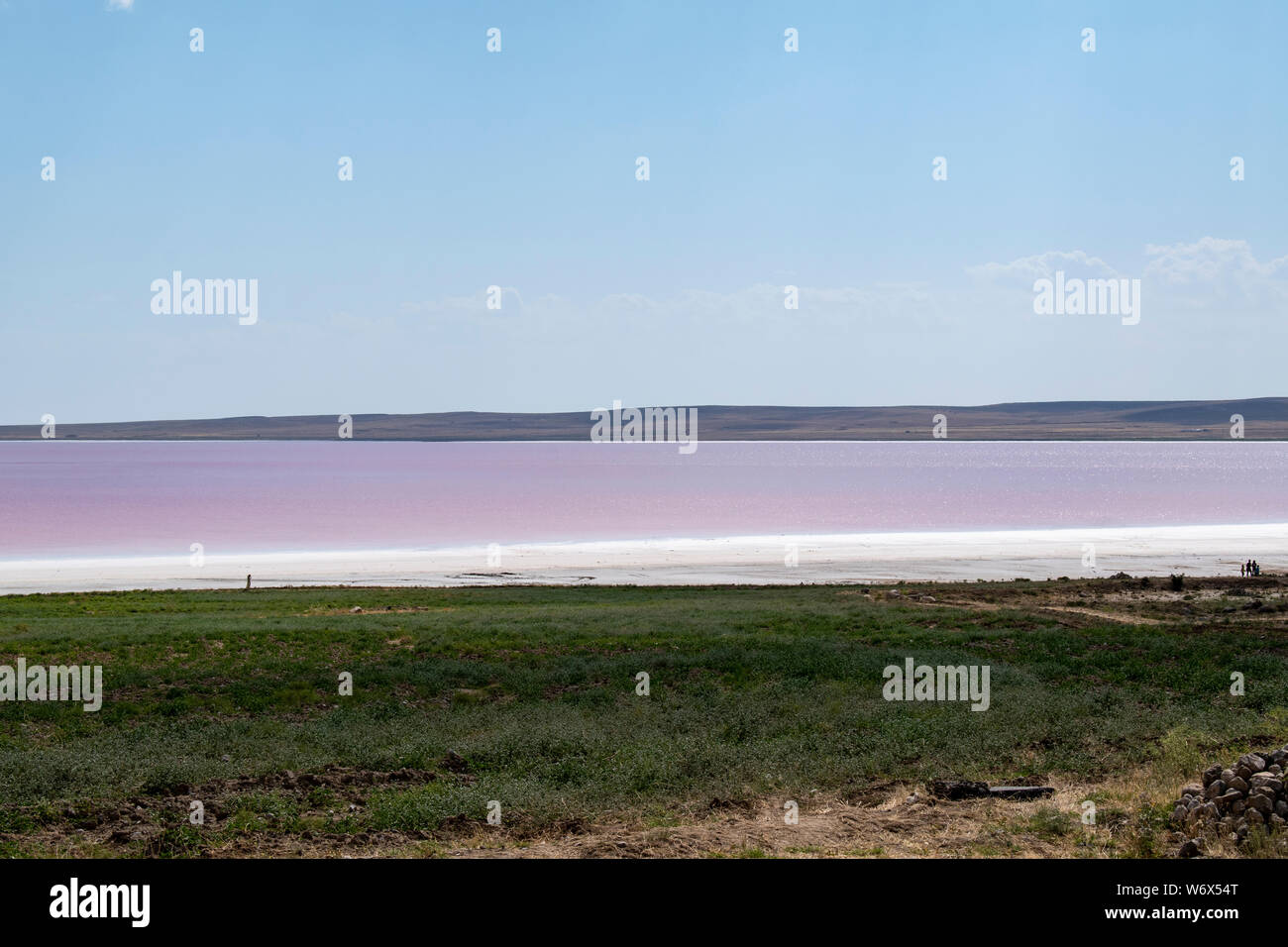 Turkey, Central Anatolia: aerial view of Lake Tuz, Tuz Golu, pink and red water of the Salt Lake, one of the largest hypersaline lakes in the world Stock Photo