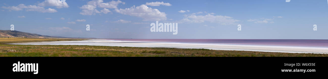 Turkey, Central Anatolia: aerial view of Lake Tuz, Tuz Golu, pink and red water of the Salt Lake, one of the largest hypersaline lakes in the world Stock Photo